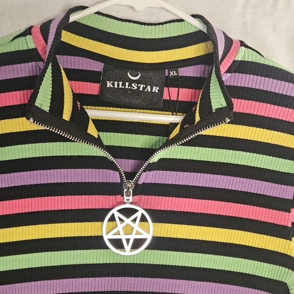 NWOT Killstar Rainbow Pastel Striped Rib Knit Pentagram Crop Top sz XL - Picture 4 of 12